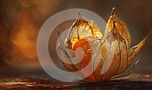 Close-up of a single physalis fruit with a broken husk