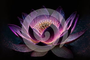 close-up of a single pink lotus flower with purple light illuminating the petals (AIgen)