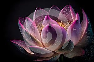 close-up of a single pink lotus flower with purple light illuminating the petals (AIgen)