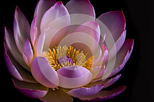 close-up of a single pink lotus flower with purple light illuminating the petals (AIgen)