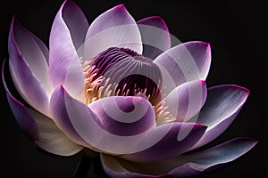 close-up of a single pink lotus flower with purple light illuminating the petals (AIgen)