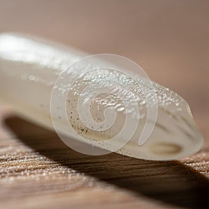 Close-up of a single rice grain on a wooden surface. The grain is translucent with a