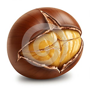 Close Up of a Single Roasted Chestnut with Brown Shell on White Background