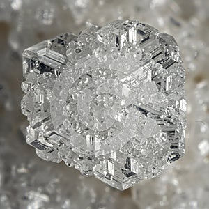 Close-up of a single snowflake displaying intricate hexagonal patterns and crystalline