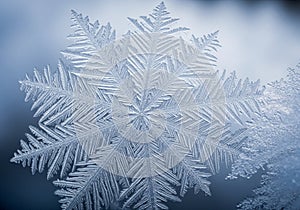 Close-up of a single snowflake displaying intricate, symmetrical