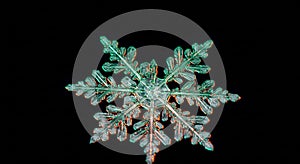 A close-up of a single snowflake displaying intricate, symmetrical hexagonal patterns