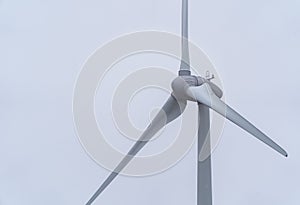 Close up of single wind turbine isolated against clear white sky