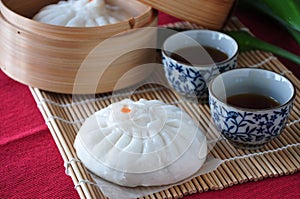 Close up Siopao Chinese Steamed Pork Bun with Tea