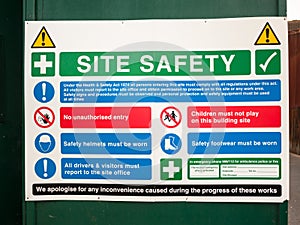 Close up of site safety sign on green wall