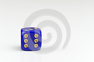 Six points on single blue dice isolated on white background