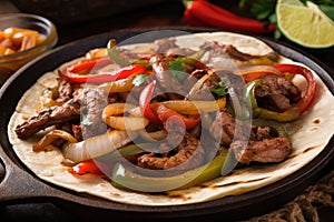Close-up of sizzling beef and shrimp fajitas with caramelized onions and peppers served on a hot skillet with warm tortillas