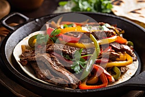 Close-up of sizzling hot beef fajitas with grilled vegetables, smoky spices, and fresh cilantro on a cast iron skillet