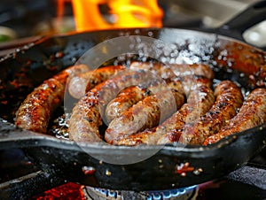 Close-up of sizzling salsiccia sausages in a cast iron skillet over a flame photo