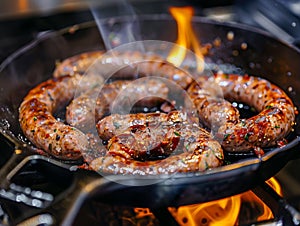 Close-up of sizzling salsiccia sausages in a cast iron skillet over a flame photo