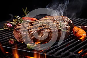 A close-up of a sizzling steak on a hot grill. Ai Generated.NO.01