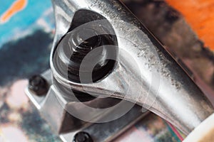 Close up of skateboard parts on black background