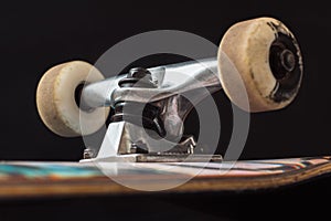 Close up of skateboard truck and wheels