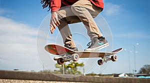 close-up of skateboarder, skateboarder with skateboard in the park, skateboarder doing tricks with skateboard