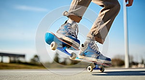 close-up of skateboarder, skateboarder with skateboard in the park, skateboarder doing tricks with skateboard