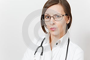Close up skeptical sad brunette beautiful young doctor woman with stethoscope, glasses isolated on white background