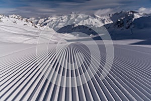 Close up of ski slope in ski resort in the Alps, Austria