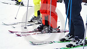 Close up of skiers legs standing at the start before the race