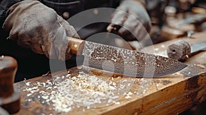 In close up skilled bladesmith sharpens beautifully designed kitchen knife. Fine metal shavings litter wooden workbench photo