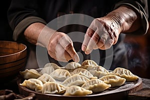 Close-up of skilled hands expertly making traditional asian dumplings for delicious homemade meal