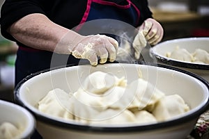 Close-up of skilled hands making asian dumplings - traditional cooking technique