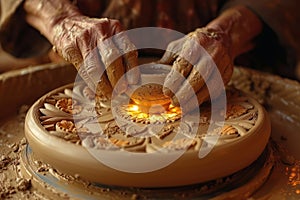 Close-up of skilled hands molding white clay into a graceful pottery form on the wheel