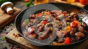 Close up of a skillet with seasoned meat, veggies, and spices