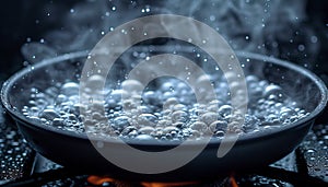 A close-up of a skillet on the stove with water boiling vigorously, showcasing the bubbles and steam in a kitchen setting