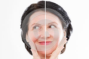 Close up before after skin Beauty middle age woman face portrait. Spa and anti aging concept Isolated on white background. Plastic