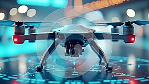 A close-up of a sleek AI-powered drone with a multi-sensor array hovering over a high-tech platform