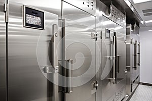 close-up of a sleek and modern walk-in freezer, with metal handles and digital temperature controls