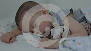close-up sleeping kid boy child hugging fluffy toy in dream baby face closed eye