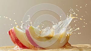 A close up of a slice of apple being splashed with liquid, AI