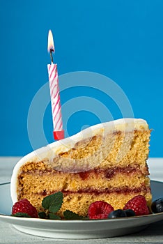 Close up of a slice of birthday cake with candle