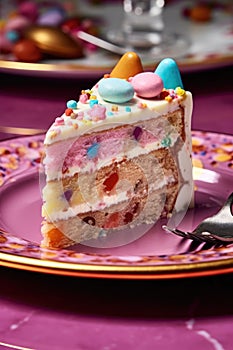 close-up of a slice of birthday cake on a plate