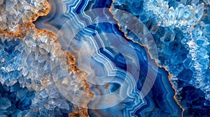 Close-up of a slice of blue agate gemstone, displaying its layers and textures. The background is a solid blue color