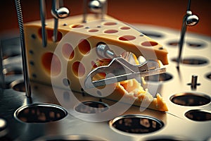 close-up of a slice of cheese with teethmarks in it, surrounded by the metal jaws of the mousetrap