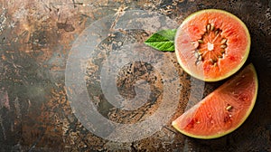 A close up of a slice and half of watermelon on the table, AI