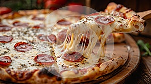 A close-up of a slice of pepperoni pizza with melted cheese being pulled away from the rest of the pizza