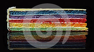 A close up of a slice of rainbow cake with frosting, AI