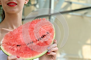 Close-up of a slice of red watermelon