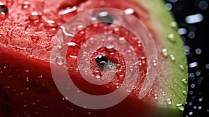 A close up of a slice of watermelon with drops on it, AI