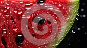 A close up of a slice of watermelon with drops on it, AI