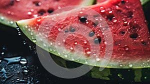 A close up of a slice of watermelon with drops on it, AI