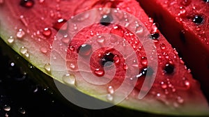 A close up of a slice of watermelon with drops on it, AI