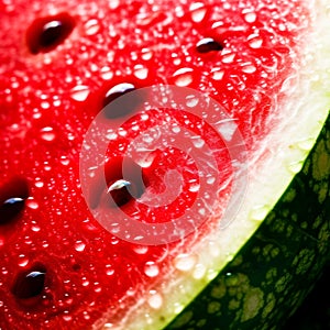 A close up of a slice of watermelon with drops on it, AI